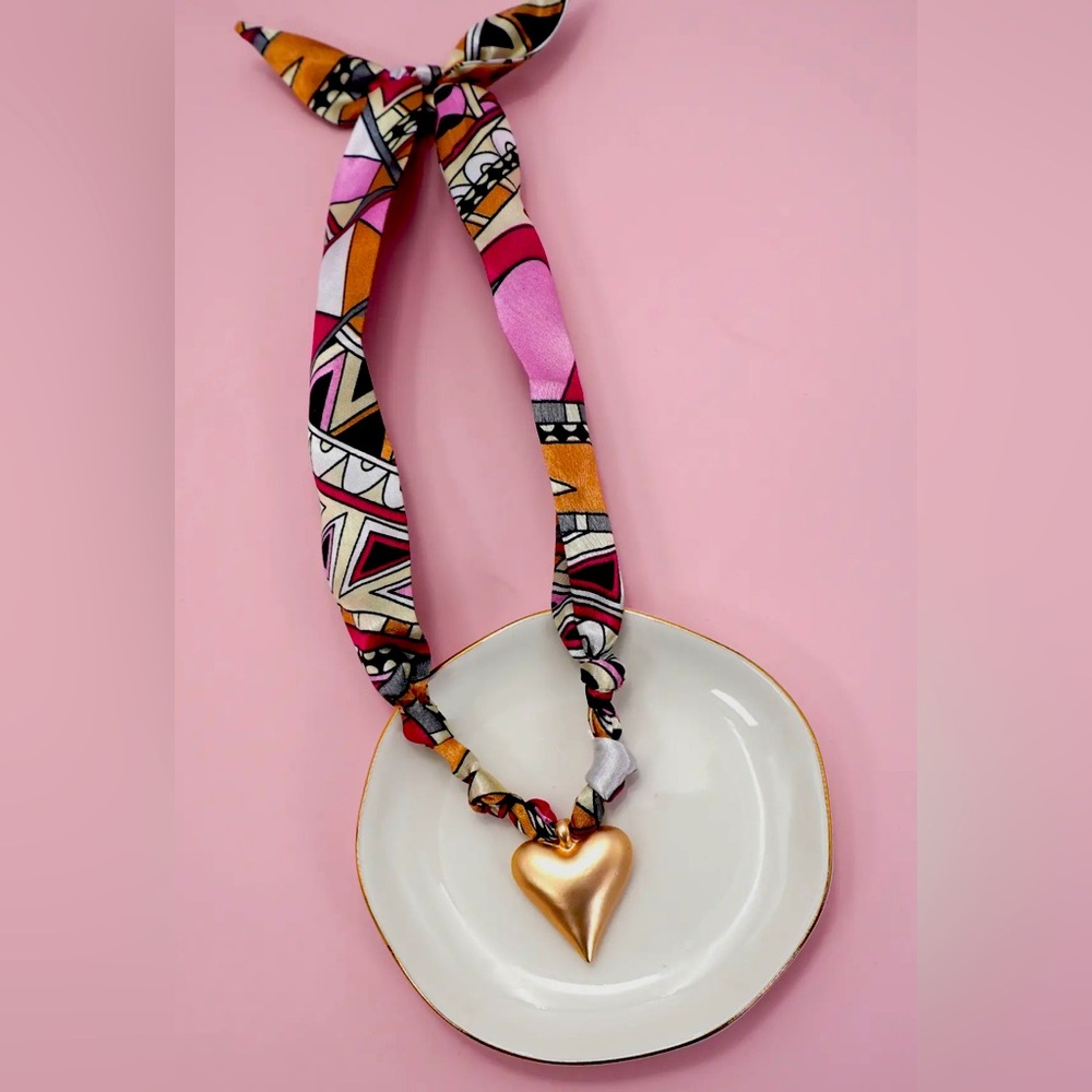 Gold Heart Pendant Necklace with Multicolor Fabric